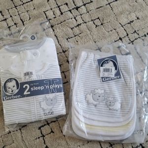 Brand new sleep n plays w/matching burp cloths.